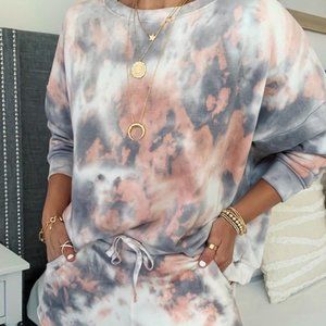 Tie Dye Print Casual Top & Drawstring Short Set